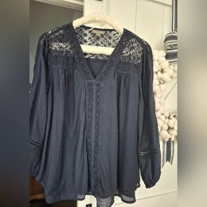 Style & Co. Navy Blue Oversized Top/Blouse With Lace Accents.
